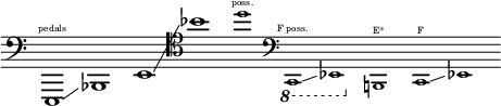 
  \layout { ragged-right = ##t \context { \Score \omit BarNumber } }
  {
    \new Staff \with { \remove "Time_signature_engraver" }
    \clef bass \key c \major \cadenzaOn

    e,,1                        ^ \finger \markup \text "pedals"
    \glissando
    bes,,1

    e,1
    \glissando
    \clef tenor  bes'1

    \tweak font-size #-2  d''1  ^ \finger \markup \text "poss."

    \clef bass
    \ottava #-1
    \tweak font-size #-2  c,,1  ^ \finger \markup \text "F poss."
    \glissando
    \tweak font-size #-2 ees,,1
    \ottava #0

    \tweak font-size #-2  b,,1  ^ \finger \markup \text "E*"

    \tweak font-size #-2  c,1   ^ \finger \markup \text "F"
    \glissando
    \tweak font-size #-2  ees,1
  }
  