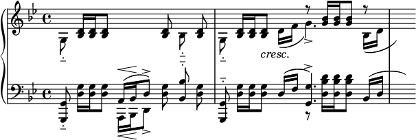 
{
\new PianoStaff
<<
  \new Staff
  {
    \autoBeamOff
    \clef treble
    \key g\minor
    \time 4/4
    <<
      {
        s8 <d' bes>16 [ <d' bes> <d' bes>8 ] s8 s <d' bes> s <d' bes> |
        s <d' bes>16 [ <d' bes> <d' bes>8 ] s r <bes' g'>16 [ <bes' g'> <bes' g'>8 ] r | s
      }
      \\
      {
        g8__ s s s s s bes__ s |
        g__ s s d'16 ( f' g'4._> ) bes16 [( d' ] | \hideNotes e'8 )
      }
    >>
  }
  \new Dynamics { s1 | s8 s s\cresc s\! }
  \new Staff
  {
    \autoBeamOff
    \clef bass
    \key g\minor
    \time 4/4
    <<
      {
        \dynamicUp
        <g, g,,>8__ s s a,16 [ \< ( bes, \! d8^> ) ] s <bes bes,>^_ s |
        <g, g,,>8^_ s s d16 [( f ] <g g,>4.^> ) bes,16 [ ( d ] | \hideNotes e8 )
      }
      \\
      {
        \dynamicDown
        s8 <g d>16 [ <g d> <g d>8 ] a,,16\< [ bes,,\! d,8_> ] <g d>8 s <g d> |
        s8 <g d>16 [ <g d> <g d>8 ] s8 r8 <d' bes d>16 [ <d' bes d> <d' bes d>8 ] s | s
      }
    >>
  }
>>
}
