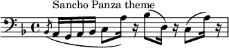  \relative c { \clef bass \key d \minor \slashedGrace bes8( a16^"Sancho Panza theme" g a bes c8 a'16) r bes8( d,16) r c8( a'16) r } 