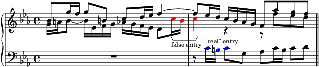
\layout {
  \context {
    \Voice
    \consists "Horizontal_bracket_engraver"
    \override TextScript.font-size = -2
  }
}
\new PianoStaff <<
  \new Staff \fixed c' {
    \key c \minor
    <<
      {
        bes8 g'16 f' g'8 b c' d'16 ees' f'4~ |
        8 ees'16 d' c' bes aes g f8 aes' g' f' |
      }
      \\
      {
        g16 a bes8~ 16 ees f g
        aes g f ees d8 \override NoteHead.color = #red c'16\startGroup_"false entry" b |
        c'4\stopGroup \revert NoteHead.color r r8 f' ees' d' |
      }
    >>
    \bar "||"
  }
  \new Staff {
    \clef bass
    \key c \minor
    R1 | r8 \override NoteHead.color = #blue c'16^"\"real\" entry" b c'8 \revert NoteHead.color g
    aes c'16 b c'8 d' |
  }
>>
