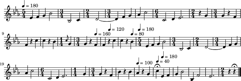 \relative c' {\tempo4 = 180 \key ees \major  \time 5/4  ees f g bes2  \time 3/4 bes,2 c4  \time 2/4 d2 ~ \time 3/4 d4 f g aes c2 \time 6/4 c,2 d4 ees2. \time 2/4 r4 g4 \time 3/4 g4 r f  f r c' \bar "|" c r bes \time 1/4 \grace c8 g4 \time 3/4 g r \tempo4 = 160 f f \tempo4 = 120 r c' c r \tempo4 = 80 bes
	
\time 5/4 \tempo4 = 180 ees, f g bes2  \time 3/4 bes,2 c4  \time 2/4 d2 ~ \time 3/4 d4 f g aes c2 \time 6/4 c,2 d4 ees2.
	
\time 1/4 g4 \time 3/4 g  r f bes r bes \tempo4 = 100 aes r g \tempo4 = 40 c\fermata \tempo4 = 180 ees,4 f g bes2 bes,4 f'2 ees2.\time 2/4 r4 r4\fermata

\bar "|."}