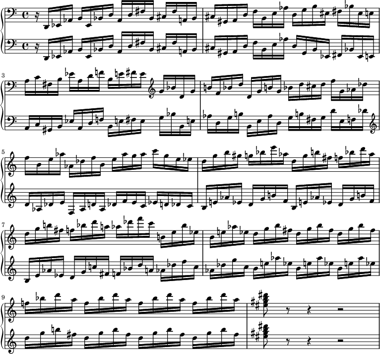 
{ \new PianoStaff 
 <<
\new Staff  \with { instrumentName=""}
  \relative c
{ 
  \set Score.tempoHideNote = ##t  \tempo 4 = 120
  \set Staff.midiInstrument = #"acoustic grand" 
  \set Staff.midiMinimumVolume = 0.2
  \set Staff.midiMaximumVolume = 0.8
  \key c \major 
  \clef bass 
  \time 4/4
  r16 d,16 ees aes b ees, bes' d aes d fis bes, cis fis a, bes |
  cis16 gis a d f b, e aes d, g b eis, fis bes eis, e |
  a16 c fis, b ees a, d f! b, e fis e \clef treble g bes d, g |
  b! f bes d d, g b! g bes d cis d f g, aes des |
  f b, e aes aes,des f b, e aes g aes c g e ees |
  d g b gis g bes e aes, d, g b fis f bes d aes |
  d, g b! fis f bes d a! aes des f c b,! e bes' ees, |
  b e! aes ees d g b fis d g b fis d g b fis |
  f! bes d a f bes d a f bes d a f bes d a |
  <dis b gis eis>8 r8 r4 r2 |
} 
\new Staff  \with { instrumentName=""}
  \relative c
{ 
  \set Staff.midiInstrument = #"acoustic grand" 
  \set Staff.midiMinimumVolume = 0.2
  \set Staff.midiMaximumVolume = 0.8
  \key c \major 
  \clef bass 
  \time 4/4
  r16 d,16 ees aes b ees, bes' d aes d fis bes, cis fis a, bes |
  cis16 gis a d f b, e aes d, gis, b ees, fis bes ees, e |
  a16 c gis b ees a, d f! b, e fis e g bes b, e! |
  aes d, g b! b, e aes d, g b! fis g d' e, f des' |
  \clef treble  d aes des e f, aes d aes des f e c ees d des c |
  b e! aes ees d g b! f b, e aes! ees d g b! f |
  b, e aes ees d g c! fis, f bes d a aes des f c |
  aes des g c, b e! aes ees b e! aes ees! b e! aes ees! |
  d g b! fis d g b fis d g b fis d g b fis |
  <dis' b gis eis>8 r8 r4 r2 |
} 
 >> 
}
