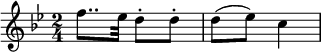  {
    \relative c'' {
        \set Staff.midiInstrument = #"violin"
        \key bes \major
        \time 2/4

        \clef treble
        f8.. es32 d8-. d-. 
        d( es) c4
    }  }
