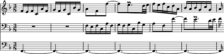 
{
<< <<
\new Staff { \clef treble \key f \major \tempo 8=120 \set Staff.midiInstrument = "flute" {
      \set Score.tempoHideNote = ##t
      \override Score.BarNumber #'transparent = ##t
      \time 3/8
      \relative c'
      { f16 e f c a' f | g f g c, bes' g | a8 f f'~ | f e8.\prall d32 e | f16 e f c d a | bes a bes g c g | a16 }
    }
  }
\new Staff { \clef bass \key f \major \set Staff.midiInstrument = "flute" {
      \relative c
      { R1*3/8 | R1*3/8 | f16 e f c a' f | g f g c, bes' g | a8 f f'~ | f e8.\prall d32 e | f16 }
     }
  }
\new Staff { \clef bass \key f \major \set Staff.midiInstrument = "flute" {
      \relative c,
      { f4.~ | f~ | f~ | f~ | f~ | f~ | f16 }
    }
  }
>> >>
}
