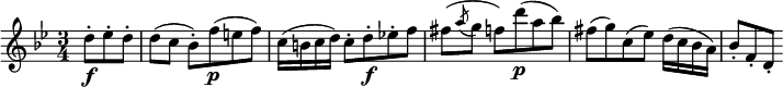  \relative d'' {
\key bes \major \time 3/4
\partial 4. d8-. \f es-. d-. | d8( c bes-.)[ f'( \p e f)]
c16( b c d) c8-.[ d-. \f es!-. f_]
fis8( \acciaccatura a g f[)d'(\p a bes)]
fis8([ g) c,( es)] d16( c bes a) | bes8-.[ f-. d-.]
} 