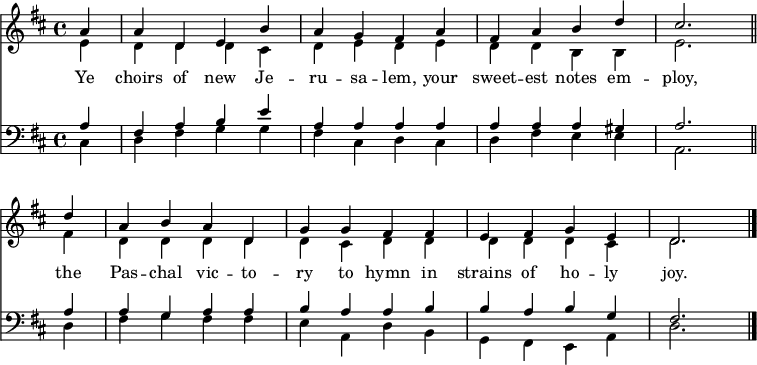 
<< <<
\new Staff { \clef treble \time 4/4 \partial 4 \key d \major \set Staff.midiInstrument = "church organ" \set Score.tempoHideNote = ##t \override Score.BarNumber #'transparent = ##t
  \relative c''
  << { a4 | a d, e b' | a g fis a | fis a b d | cis2. \bar"||" \break
  d4 | a b a d, | g g fis fis | e fis g e | d2. \bar"|." } \\
  { e4 | d d d cis | d e d e | d d b b | e2.
  fis4 | d d d d | d cis d d | d d d cis | d2. } >>
}
\new Lyrics \lyricmode {
Ye4 choirs of new Je -- ru -- sa -- lem,
your sweet -- est notes em -- ploy,2.
the4 Pas -- chal vic -- to -- ry to hymn
in strains of ho -- ly joy.2.
}
\new Staff { \clef bass \key d \major \set Staff.midiInstrument = "church organ"
  \relative c'
  << { a4 | fis a b e | a, a a a | a a a gis | a2.
  a4 | a g a a | b a a b | b a b g | fis2. } \\
  { cis4 | d fis g g | fis cis d cis | d fis e e | a,2.
  d4 | fis g fis fis | e a, d b | g fis e a | d2. } >>
}
>> >>
\layout { indent = #0 }
\midi { \tempo 4 = 80 }
