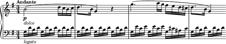  \relative c'' \new PianoStaff { <<
\new Staff { \key g \major \tempo "Andante" \time 3/4 b2\p_\markup { \italic dolce } ( d16 c b c d8. b16 g4 ) r4 g'4. ( a16 g fis e d cis d8. b16 g4 ) }
\new Staff \relative c' { \clef "bass" \key g \major g16_\markup { \italic legato } d' b d g, d' b d a d b d g, d' b d g, d' b d g, d' b d g, e' c e g, e' c e g, cis ais cis g d' b d g, d' b d }
>>
}
