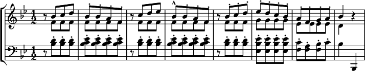 
\new StaffGroup <<
\time 1/2
\new Staff \with { \consists Merge_rests_engraver } <<
\key bes \major
\new Voice = "1"
{ \voiceOne \relative {
r8 bes'8 c d
bes-. bes-. a-. f-.
r8 c' d ees
bes-^ bes-. a-. f-.
r8 bes-. c-. d-.
ees-. d-. c-. bes-.
a-. f-. g-. a-.
bes4 r4
}
}
\new Voice = "2"
{ \voiceTwo \relative {
r8 f'8 f f
f f f f
r8 f f f
f f f f
r8 f f f
g g g g
ees ees ees ees
d4 r4 } }
>>
\new Staff <<
\clef bass
\key bes \major
\time 1/2
\relative {
r8 <bes d>8-. <bes d>-. <bes d>-.
\repeat unfold 4 {<bes c ees>-.}
r8 \repeat unfold 3 {<bes d>-.}
\repeat unfold 4 {<bes c ees>-.}
r8 \repeat unfold 3 {<bes d>-.}
\repeat unfold 4 {<bes ees, ees'>-.}
<f c'>-. <f a>-. <f bes>-. c'-.
bes4 bes,,
}
>>
>>
