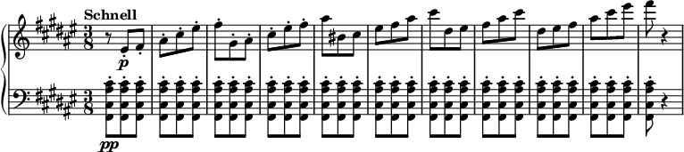 
\relative c' {
  \new PianoStaff <<
    \new Staff {
      \set Staff.midiInstrument = #"piano" \key fis \major \clef treble \time 3/8 \set Score.tempoHideNote = ##t \tempo "Schnell" 4 = 175
      r8 eis8 \p -. fis8 -. |
      ais8 -. cis8 -. eis8 -. |
      fis8 -. gis,8 -. ais8 -. |
      cis8 -. eis8 -. fis8 -. |
      ais8 bis,8 cis8 |
      eis8 fis8 ais8 |
      cis8 dis,8 eis8 |
      fis8 ais8 cis8 |
      dis,8 eis8 fis8 |
      ais8 cis8 eis8 |
      fis8 r4 |
    }
    \new Staff {
      \set Staff.midiInstrument = #"piano" \key fis \major \clef bass
      <fis,,,, cis' ais' cis>8 \pp -. <fis cis' ais' cis>8 -. <fis cis' ais' cis>8 -. |
      <fis cis' ais' cis>8 -. <fis cis' ais' cis>8 -. <fis cis' ais' cis>8 -. |
      <fis cis' ais' cis>8 -. <fis cis' ais' cis>8 -. <fis cis' ais' cis>8 -. |
      <fis cis' ais' cis>8 -. <fis cis' ais' cis>8 -. <fis cis' ais' cis>8 -. |
      <fis cis' ais' cis>8 -. <fis cis' ais' cis>8 -. <fis cis' ais' cis>8 -. |
      <fis cis' ais' cis>8 -. <fis cis' ais' cis>8 -. <fis cis' ais' cis>8 -. |
      <fis cis' ais' cis>8 -. <fis cis' ais' cis>8 -. <fis cis' ais' cis>8 -. |
      <fis cis' ais' cis>8 -. <fis cis' ais' cis>8 -. <fis cis' ais' cis>8 -. |
      <fis cis' ais' cis>8 -. <fis cis' ais' cis>8 -. <fis cis' ais' cis>8 -. |
      <fis cis' ais' cis>8 -. <fis cis' ais' cis>8 -. <fis cis' ais' cis>8 -. |
      <fis cis' ais' cis>8 -. r4 |
    }
  >>
}
