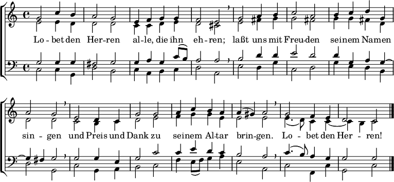 
% From https://www.johann-crueger.de/praktische-ausgaben/lobet-den-herren-alle-die-ihn-ehren_crueger-1657-58_131_eg-447.pdf
\header { tagline = ##f }
\layout { indent = 0
          \context { \Score \remove "Bar_number_engraver" }
          \context { \Voice \remove "Dynamic_engraver" }
}
global = { \key c \major \time 4/4 }
soprano = { \global \set Staff.midiPanPosition = -0.5 \set midiInstrument = "flute"
  g'2 c''4 b'4 | a'2 g'2 | e'4 f'4 g'4 g'4 | f'2 e'2 | \breathe
  g'2 a'4 b'4 | c''2 a'2 | b'4 c''4 d''4 g'4 | a'2 g'2 | \breathe
  e'2 d'4 c'4 | g'2 g'2 | a'4 c''4 b'4 a'4 | a'4 ( gis'4 ) a'2 | \breathe g'2 f'4 e'4 | d'2 c'2 \bar "|."
}
alto = { \global \set Staff.midiPanPosition = 0.5 \set midiInstrument = "oboe"
  e'2 e'4 d'4 | d'2 d'2 | c'4 c'4 d'4 e'4 | d'2 cis'2 \breathe
  e'2 fis'4 g'4 | g'2 fis'2 | g'4 g'4 fis'4 d'4 | d'2 d'2 \breathe
  c'2 b4 c'4 | d'2 e'2 | f'4 g'4 g'4 e'4 | e'2 e'2 \breathe | e'4. (d'8) c'4 c'4~ | c'4 b4 c'2
}
tenor = { \global \set Staff.midiPanPosition = -1 \set midiInstrument = "clarinet"
  g2 g4 g4 | fis2 g2 | g4 a4 g4 c'8 (b8) | a2 a2 | \breathe
  b2 d'4 d'4 | e'2 d'2 | d'4 g4 a4 g4~ | g4 fis4 g2 | \breathe
  g2 g4 e4 | g2 c'2 | c'4 e'4 d'4 c'4 | b2 a2 | \breathe c'4. (b8) a4 g4 | g2 g2
}
bass = { \global \set Staff.midiPanPosition = 1 \set midiInstrument = "bassoon"
  c2\ffff c4 g,4 | d2 b,2 | c4 a,4 b,4 c4 | d2 a,2 | \breathe
  e2 d4 g4 | c2 d2 | g4 e4 d4 b,4 | d2 g,2 | \breathe
  c2 g,4 a,4 | b,2 c2 | f4 e8 (f8) g4 a4 | e2 a,2 | \breathe c2 f,4 c4 | g,2 c2
}
verse = \lyricmode {
  Lo -- bet den Her -- ren al -- le, die ihn eh -- ren;
  laßt uns mit Freu -- den sei -- nem Na -- men sin -- gen
  und Preis und Dank zu sei -- nem Al -- tar brin -- gen.
  Lo -- bet den Her -- ren!
}
\score {
  \new ChoirStaff <<
    \new Staff \with {
      % midiInstrument = "choir aahs"
    } <<
      \new Voice = "soprano" { \voiceOne \soprano }
      \new Voice = "alto" { \voiceTwo \alto }
    >>
    \new Lyrics \with {
      \override VerticalAxisGroup #'staff-affinity = #CENTER
    } \lyricsto "soprano" \verse
    \new Staff \with {
      % midiInstrument = "choir aahs"
    } <<
      \clef bass
      \new Voice = "tenor" { \voiceOne \tenor }
      \new Voice = "bass" { \voiceTwo \bass }
    >>
  >>
  \layout { }
  \midi { \tempo 4=136
    \context { \Score midiChannelMapping = #'instrument }
    \context { \Staff \remove "Staff_performer" }
    \context { \Voice \consists "Staff_performer" }
  }
}
