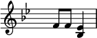 \relative
 { \set Score.tempoHideNote = ##t \tempo 4 = 80 \set Staff.midiInstrument = #"vibraphone"
  \key bes \major
  \time 2/4 \hide Staff.TimeSignature
     f'8 f8 <bes, es>4
  }