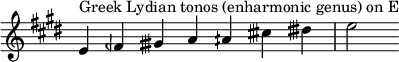  {
\key e \major
\override Score.TimeSignature #'stencil = ##f
\relative c' { 
  \clef treble \time 7/4
  e4^\markup { Greek Lydian tonos (enharmonic genus) on E } feh gisih a aih cisih disih e2
} }
