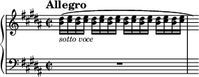 
\new PianoStaff <<
\new Staff = "Up" \with { \magnifyStaff #3/4 } <<
\new Voice \relative c' {
\clef treble
\tempo "Allegro"
\set Score.tempoHideNote = ##t \tempo 2 = 69
\key gis \minor
\time 2/2
<b' dis>16_\markup{\italic sotto \italic voce} ([<cis e> <b dis> <cis e>] <b dis> <cis e> <b dis> <cis e> <b dis> [<cis e> <b dis> <cis e>] <b dis> <cis e> <b dis> <cis e> \hide r16)
}
>>
\new Staff = "Down" \with { \magnifyStaff #3/4 } <<
\new Voice \relative c{
\clef bass
\key gis \minor
R1 s16
}
>>
>>
