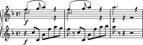 
{
  \new PianoStaff <<
    \new Staff \relative e'' {
      \set Staff.midiInstrument = #"flute" \key f \major \clef treble \time 4/4 \set Score.tempoHideNote = ##t \tempo 4 = 120
      <<
        {
          \voiceOne \stemDown c2. \f r4 | % 2
          c2. r4 | % 3
          a'2. r4
        }
        \new Voice {
          \voiceTwo \stemUp f4. ^( g8 a4 ) r4 | % 2
          f4. ^( g8 a4 ) r4 | % 3
          r4 r4 r2
        }
      >> \oneVoice
    }
    \new Staff \relative c'' {
      \set Staff.midiInstrument = #"string ensemble 1" \key f \major \clef treble \time 4/4
      r4 \f c8 c,8 a'8 f'8 a8 g8 | % 2
      f8 r8 c8 c,8 a'8 f'8 a8 bes8 | % 3
      a8 r8 r4 r2
    }
  >>
}
