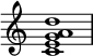 
{
\override Score.TimeSignature #'stencil = ##f
\relative c' {
   \clef treble
   \time 4/4
   \key c \major
   <c e g a d>1
} }
