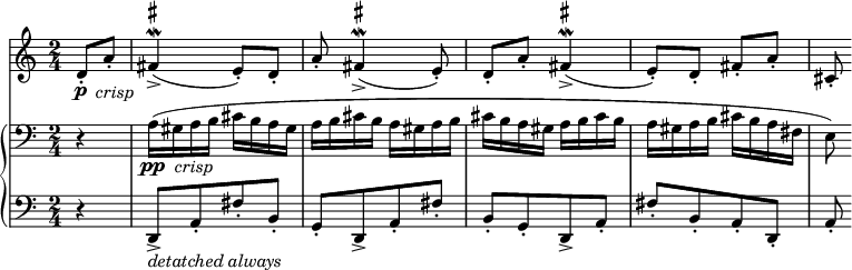   <<
    \new Staff \relative c' {
    \set Score.tempoHideNote = ##t
    \numericTimeSignature
    \tempo 4 = 160
    \set Staff.midiInstrument = #"alto sax"
    \time 2/4 
    \partial 4 
    d8-.\p-\markup { \halign #-2 \lower #3 \italic "crisp"} a'-. fis4->\mordent^\markup { \sharp } (e8-.) d-. a'-. fis4->\mordent^\markup { \sharp }  (e8-.) d-. a'-. fis4->\mordent^\markup { \sharp }  (e8-.) d-. fis-. a-. cis,-.  
 } 
    \new GrandStaff <<
    \new Staff = "a" \relative c' {
    \set Staff.midiInstrument = #"piano"
    \clef bass
    r4 a16\pp-\markup { \halign #-2.4 \italic "crisp"} (gis a b cis b a gis a b cis b a gis a b cis b a gis a b cis b a gis a b cis b a fis e8)
 }
    \new Staff = "b" \relative c, {
    \set Staff.midiInstrument = #"piano"
    \clef bass
    r4 d8->-\markup {\italic "detatched always"} [a'-. fis'-. b,-.] g-. [d8-> a'-. fis'-.] b,-. [g-.  d8-> a'-.] fis'-. [b,-. a-. d,-.] a'-.
 }
 >>
>>
