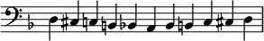 
\relative c{
   \new Staff \with {\remove "Time_signature_engraver" \clef bass }
   \time 11/4 
   \key d \minor

   d cis c b bes a bes b c cis d
}
