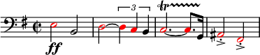 
  \relative c{
    \set Staff.midiInstrument = #"tuba"
    \set Score.tempoHideNote = ##t
    \tempo 4 = 130
    \clef bass
    \key g \major
    \time 2/2
      \once \override NoteHead.color = #red e2 \ff b \override NoteHead.color = #red d~ \times 2/3 { d4 c \override NoteHead.color = #black b } \override NoteHead.color = #red c2.~\startTrillSpan c8. \override NoteHead.color = #black g16\stopTrillSpan \override NoteHead.color = #red ais2\accent\staccato fis\accent\staccato
  }
