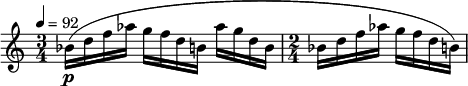  \relative c'' {
\set Staff.midiInstrument = #"oboe" \clef treble \time 3/4 \tempo 4 = 92 bes16\p( d f aes g f d b aes' g d b | \time 2/4 bes d f aes g f d b) } 