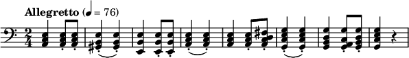 
\new Score {
  \new Staff {
    \relative c {
      \set Staff.midiInstrument = #"cello"
      \time 2/4
      \key a \minor
      \clef bass
      \tempo "Allegretto" 4 = 76
      <a c e>4 q8-. q-.
      <gis b e>4-.(q-.)
      <e b' e> q8-. q-.
      <a c e>4-.(q-.)
      <a c e>4 q8-. <a c d fis>-.
      <g c e g>4-.(q-.)
      <g b d g>4 <g a c g'>8-. <g b d g>-.  
      <g c e g>4 r4      
    }
  }
}
