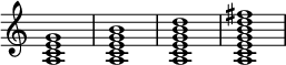 
{
\override Score.TimeSignature #'stencil = ##f
\relative c' {
   \clef treble
   \time 4/4
   \key c \major
   <a c e g>1
   <a c e g b>1
   <a c e g b d>1
   <a c e g b d fis>1
} }
