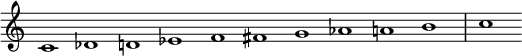 
{\new Staff
  \with { \remove "Time_signature_engraver" }
  \relative c' {
    \set Score.tempoHideNote = ##t
    \tempo 1 = 100
    \cadenzaOn
    c1 des1 d1 ees1 f1 fis1 g1 aes1 a1 b1 \bar "|"  c 
  }
}
