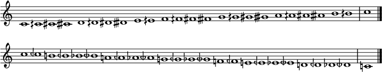 
\relative c' {
\cadenzaOn \omit Staff.TimeSignature
\tempo 1 = 90 \set Score.tempoHideNote = ##t
c1 cih cis cisih d dih dis disih e eih f fih fis fisih g gih gis gisih a aih ais aisih b bih \bar "|" c \bar "|." \break
c1 ceh b beh bes beseh a aeh aes aeseh g geh ges geseh f feh e eeh ees eeseh d deh des deseh \bar "|" c \bar "|."
}
