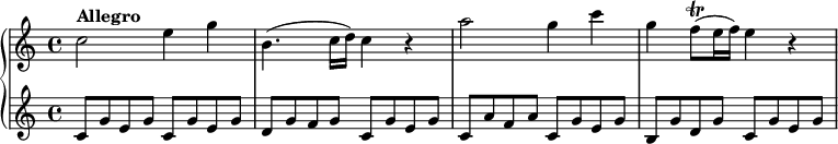 
\new GrandStaff <<
  { c''2^\markup { \bold "Allegro" } e''4 g'' b'4.( c''16 d'') c''4 r a''2 g''4 c'''4 g''4 f''8\trill( e''16 f''16) e''4 r}
  \new Staff { c'8 g' e' g' c'8 g' e' g' d' g' f' g' c' g' e' g' c' a' f' a' c' g' e' g' b g' d' g' c' g' e' g'}
>>
