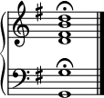 
    {
      \override Score.TimeSignature #'stencil = ##f
      \new PianoStaff <<
        \new Staff <<
            \relative c' {
                \stemUp \clef treble \key g \major \time 4/4
                <d fis b d>1\fermata
                }
            >>
        \new Staff <<
            \relative c {
                \clef bass \key g \major \time 4/4
                <g g'>1\fermata \bar "|."
                }
            >>
    >> }
