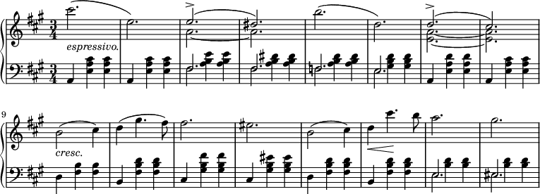 
 \relative c' {
  \new PianoStaff <<
   \new Staff { \key fis \minor \time 3/4
    \set Score.tempoHideNote = ##t
     \tempo "" 2. = 64
   { cis''2._\markup { \italic espressivo. }( e,) }
        <<
   {\voiceOne e2.->( dis2.)}
    \new Voice
   {\voiceTwo a2.~ a2.}
        >>
\oneVoice b'2.( d,2.)
        <<
   {\voiceOne d2.->( cis)}
    \new Voice
   {\voiceTwo <a e>~ <a e>}
        >>
\oneVoice b2_\markup { \italic cresc. }( cis4) d( gis4. fis8) fis2. eis b2( cis4) d\< cis'4.\! b8 a2. gis
   }
   \new Dynamics {}
   \new Staff { \key fis \minor \time 3/4 \clef bass
    {a,,,4 <e' a cis> <e a cis> a,4 <e' a cis> <e a cis>}
<<
{\stemDown s4 <a b e> <a b e> s <a b dis> <a b dis> s <a b d> <a b d> s <gis b d> <gis b d> }
\\
{fis2. fis f e}
\\
{fis2. fis f e}
>>
{a,4 <e' a d> <e a d> a,4 <e' a cis> <e a cis> d <fis b> <fis b> b, <fis' b d> <fis b d> cis <gis' b fis'> <gis b fis'> cis, <gis' b eis> <gis b eis> d <fis b d> <fis b d> b, <fis' b d> <fis b d> }
<<
{\stemDown s4 <b d> <b d> s <b d> <b d>}
\\
{e,2. eis2.}
\\
{e2. eis2.}
>>
}
  >>
 }
