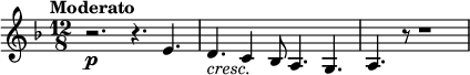 
{
  \new PianoStaff <<
    \new Staff \relative e' {
      \set Staff.midiInstrument = #"string ensemble 1" \key d \minor \clef treble \time 12/8 \set Score.tempoHideNote = ##t \tempo "Moderato" 4. = 55
  r2. \p r4. e4. | % 2
  d4._\markup { \italic cresc. } c4 bes8 a4. g4. | % 3
  a4. r8 r1
    }
  >>
}
