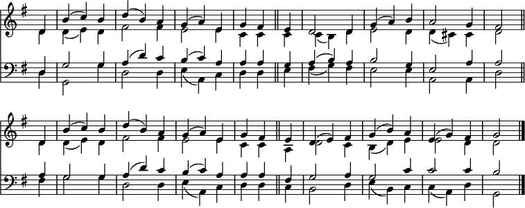 
<< <<
\new Staff { \clef treble \time 3/4 \partial 4 \key g \major \set Staff.midiInstrument = "church organ" \omit Staff.TimeSignature \set Score.tempoHideNote = ##t \override Score.BarNumber  #'transparent = ##t
  \relative c'
  << { d4 | b'( c) b | d( b) a | g( a) e | g fis \bar"||"
  e | d2 d4 | g( a) b | a2 g4 | fis2 \bar"||" \break
  d4 | b'( c) b | d( b) a | g( a) e | g fis \bar"||"
  e | d( e) fis | g( b) a | e( g) fis | g2 \bar"|." } \\
  { d4 | d( e) d | fis2 fis4 | e2 e4 | c c
  c | c( b) d | e2 d4 | d( cis) cis | d2
  d4 | d( e) d | fis2 fis4 | e2 e4 | c c
  a | d2 c4 | b( d) e | e2 d4 | d2 } >>
}
\new Staff { \clef bass \key g \major \set Staff.midiInstrument = "church organ" \omit Staff.TimeSignature
  \relative c
  << { d4 | g2 g4 | a( d) c | b( c) a | a a
  g | a( b) a| b2 g4 | e2 a4 | a2
  a4 | g2 g4 | a( d) c | b( c) a | a a
  fis | g2 a4 | g2 c4 | c2 c4 | b2 } \\
  { d,4 | g,2 g'4 | d2 d4 | e( a,) c | d d
  e | fis( g) fis | e2 e4 | a,2 a4 | d2
  fis4 | g2 g4 | d2 d4 | e( a,) c | d d
  c | b2 d4 | e( b) c | c( a) d | g,2 } >>
}
>> >>
\layout { indent = #0 }
\midi { \tempo 4 = 100 }
