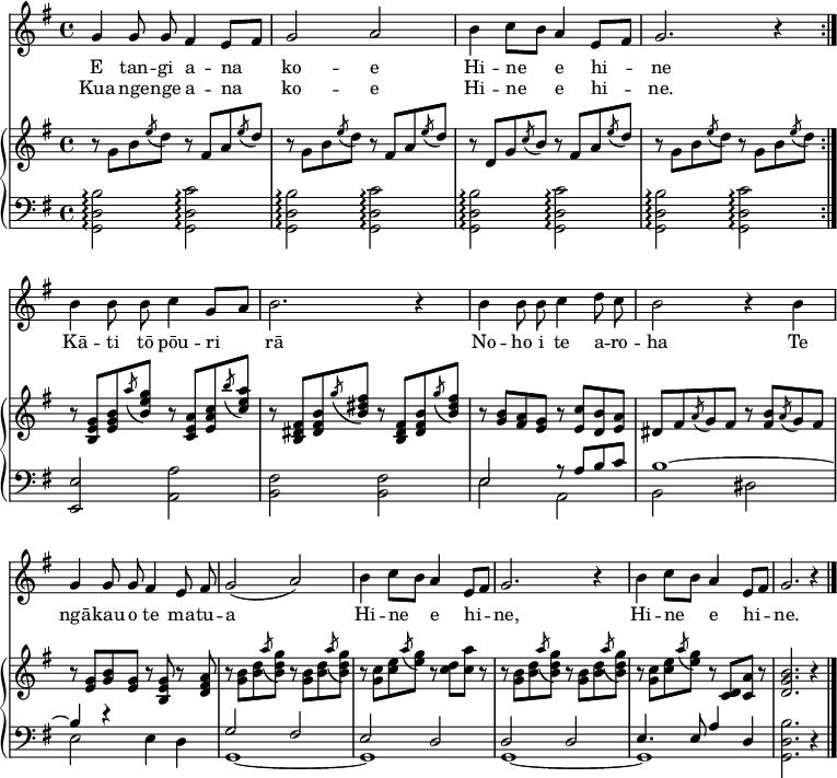 
\header { tagline = ##f }
\layout { indent = 0\cm
  \context { \Score \remove "Bar_number_engraver" }
  \context { \Voice \remove "Dynamic_engraver" }
}
global = { \key g \major \time 4/4 }

sopranoVoice = \relative c'' { \autoBeamOff
  \global
  \repeat volta 2 { g4 g8 g fis4 e8 [fis] | g2 a |
  b4 c8 [b] a4 e8 [fis] | g2. r4 | }
  b4 b8 b8 c4 g8 [a] | b2. r4 |
  b4 b8 b8 c4 d8 c | b2 r4 b4 |
  g4 g8 g fis4 e8 fis | g2 (a) |
  b4 c8 [b] a4 e8 [fis] | g2. r4
  b4 c8 [b] a4 e8 [fis] | g2. r4 \bar "|."
}

verse = \lyricmode {
  E tan -- gi a -- na ko -- e
  Hi -- ne e hi -- ne
  Kā -- ti tō pōu -- ri rā
  No -- ho i te a -- ro -- ha
  Te ngā -- kau o te ma -- tu -- a
  Hi -- ne e hi -- ne,
  Hi -- ne e hi -- ne.
}
verseR = \lyricmode {
  Kua nge -- nge a -- na ko -- e
  Hi -- ne e hi -- ne.
}

right = \relative c'' {
  \global
  \repeat volta 2 {r8 g\pp b \acciaccatura e d r fis, a \acciaccatura e' d | r8 g, b \acciaccatura e d r fis, a \acciaccatura e' d |
  r8 d, g \acciaccatura c b r fis a \acciaccatura e' d | r8 g, b \acciaccatura e d r g, b \acciaccatura e d | }
  r8 <g, e b> <b g e> \acciaccatura a' <g e b> r <a, e c> <c a e> \acciaccatura b' <a e c> |
  r8 <fis, dis b> <b fis dis> \acciaccatura g' <fis dis b> r <fis, dis b> <b fis dis> \acciaccatura g' <fis dis b> |
  r8 <b, g> <a fis> <g e> r <c e,> <b d,> <a e> | dis, fis \acciaccatura a g fis r <b fis> \acciaccatura a g fis |
  r8 <g e> <b g> < g e> r <g e b> r <a fis d> |
  r8 <b g> <d b> \acciaccatura a' <g d b> r <b, g> <d b> \acciaccatura a' <g d b> |
  r8 <c, g> <e c> \acciaccatura a <g e> r <d c> <a' c,> r |
  r <b, g> <d b> \acciaccatura a' <g d b> r <b, g> <d b> \acciaccatura a' <g d b>
  r <c, g> <e c> \acciaccatura a <g e> r <d, c> <a' c,> r8 | <b g d>2. r4 \bar "|."
}

left = \relative c' {
  \global
  \repeat volta 2 { \repeat unfold 4 { <b d, g,>2\arpeggio\pp <c d, g,>\arpeggio | } }
  <e, e,> <a a,> | <fis b,> <fis b,> | << { e r8 a b c | b1~ | b4 r } \\ { e,2 a, | b dis |e } >> e4 d |
  << { g2 fis | e d | d d | e4. e8 a4 d, | } \\ { g,1~ | g1 | g1~ | g1 | } >> <b' d, g,>2. r4 \bar "|."
}

sopranoVoicePart = \new Staff \with {
  midiInstrument = "flute"
} { \sopranoVoice }
\addlyrics { \verse }
\addlyrics { \verseR }

pianoPart = \new PianoStaff <<
  \new Staff = "right" \with {
    midiInstrument = "celesta"
  } \right
  \new Staff = "left" \with {
    midiInstrument = "celesta"
  } { \clef bass \left }
>>

\score {
  <<
    \sopranoVoicePart
    \pianoPart
  >>
  \layout { }
}
\score { \unfoldRepeats { << \sopranoVoicePart \\ \pianoPart >> }
  \midi { \tempo 4=66 }
}
