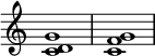 
{
\override Score.TimeSignature #'stencil = ##f
\relative c' {
   \clef treble
   \time 4/4
   \key c \major
   <c d g>1
   <c f g>1
} }
