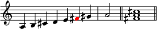 
{
\override Score.TimeSignature #'stencil = ##f
\relative a {
  \clef treble
  \time 7/4 a4 b cis d e \once \override NoteHead.color = #red fis gis \time 2/4 a2 \bar "||"
  \time 4/4 <fis a cis>1 \bar "||"
} }
