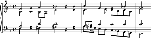 
{
  #(set-global-staff-size 14)
   \new PianoStaff <<
      \new Staff <<
         \new Voice \relative c' {
             \stemUp \clef treble \key f \major \time 4/4
             f2 g4 a
             b2 r4 b
             c4 g g bes!
             a2.
             }
         \new Voice \relative c' {
             \stemDown
              c2 c4 bes8 a
              e'2 s4 e
              e4. f8 e d e c
              f2.
              }
            >>
     \new Staff <<
         \new Voice \relative c' {
             \stemUp \clef bass \key f \major \time 4/4
             a2 g4 d'
             d2 r4 gis,
             a8 b c4 c c
             c2.
             }
         \new Voice \relative c {
             \stemDown
             f2 e4 fis
             gis2 s4 e
             a8 g!16 f e8 d c bes! a g!
             f2.
             }
         >>
    >>
}
