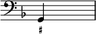 {\override Score.TimeSignature #'stencil = ##f \time 4/4 \key f \major \clef bass <<{g,}\figures{<_+>1}>>}