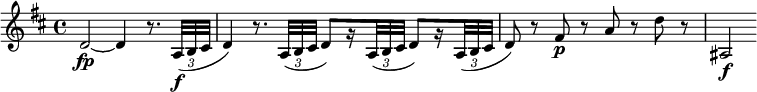 
\relative c' {
  \set Staff.midiInstrument = #"string ensemble 1"
  \set Score.tempoHideNote = ##t \tempo 4 = 60
  \override Score.NonMusicalPaperColumn #'line-break-permission = ##f
  \key d \major
  \tempo "Adagio"
  \override TupletBracket #'direction = #-1
  \override TupletBracket #'stencil = ##f
  d2~\fp d4 r8. \times 2/3 { a32\f( b cis } |
  d4) r8. \times 2/3 { a32( b cis } d8)[ r16 \times 2/3 { a32( b cis] } d8)[ r16
    \times 2/3 { a32( b cis] } |
  d8) r fis\p r a r d r |
  ais,2\f
}
