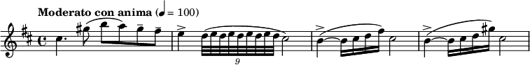 
  \relative c'' { \clef treble \time 4/4 \key b \minor \tempo "Moderato con anima" 4 = 100 cis4. gis'8( b a) gis-- fis-- | e4-> \times 8/9 {d32( e d e d e d e d } cis2) | b4->~( b16 cis d fis) cis2 | b4->~( b16 cis d gis) cis,2 }
