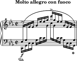 
\new PianoStaff <<
\new Staff = "Up" \with { \magnifyStaff #3/4 } <<
\new Voice \relative c' {
\clef treble
\key c \minor
\override Score.MetronomeMark.Y-offset = #10
\tempo "Molto allegro con fuoco"
\set Score.tempoHideNote = ##t \tempo 2 = 80

\time 2/2
\stemUp
\change Staff = "Down"
ees,16^> \f ^([g
\change Staff = "Up"
ees' ees] g ees' ees g ees'^> [g, ees ees] g, ees ees
\change Staff = "Down"
g,)
}
>>
\new Staff = "Down" \with { \magnifyStaff #3/4 } <<
\new Voice \relative c{
\clef bass
\key c \minor
\stemDown
c,16 \sustainOn [g' c c] g' c c
\change Staff = "Up"
g' c [g
\change Staff = "Down" c, c] g c, c g \sustainOff
}
>>
>>
