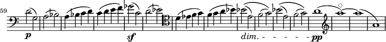 
\relative c' \new Staff \with { \remove "Time_signature_engraver" } {
  \key a \minor \clef bass
  \set Staff.midiInstrument = "cello"
  \set Score.tempoHideNote = ##t \tempo 2 = 72
  \time 2/2
  \set Score.currentBarNumber = #59 \bar ""
  \override Score.SpacingSpanner #'common-shortest-duration = #(ly:make-moment 1 2)
  d2(\p g,) | a( bes) | a4( bes c d) | c( d e f) | ges2(\sf c,) | d( es) | \clef tenor d4( es f g) | f( g a bes) |
  bes2(\(\dim e,) | f( g)\) | bes(\( e,) | f( g)\) | a1(\pp | \clef treble a'\flageolet) ~ | a( | a,) |
}
