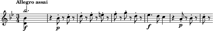 
\relative c''' {
  \tempo "Allegro assai"
  \key bes \major
  \time 3/4
  <<
    { bes2.\f | } \\
    { <bes, d,>4 s2 | }
  >>
  r4 bes8-.\p r c-. r |
  d8-. r es-. r e-. r |
  f8-. r g-. r d-. r |
  es4.\f d8 c4 |
  r4 a8-.\p r bes-. r |
  c8-. r
}
