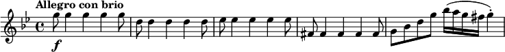 
\relative c''' {
  \set Score.tempoHideNote = ##t \tempo "Allegro con brio" 4 = 150
  \key g \minor
  g8\f g4 g g g8 |
  d8 d4 d d d8 |
  es8 es4 es es es8 |
  fis,8 fis4 fis fis fis8 |
  g8 bes d g bes16( a g fis g4)-. |
}
