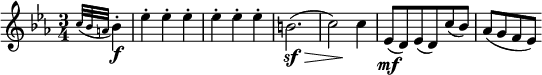  \relative c'' {
\key es \major \time 3/4
\partial 4 \appoggiatura { c32 bes a } bes4-. \f
es4-. es-. es-. es-. es-. es-.
<< \new Voice { b2.( | c2) c4 }
   \new Voice { s4 \sf \> s s | s4 s \! s } >>
es,8( \mf d) es( d) c'( bes) | as8([ g f es)]
} 