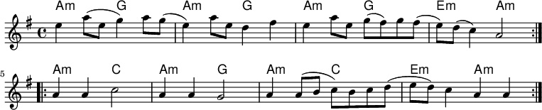 
<<
\new ChordNames \chordmode {
  \set chordChanges = ##t
  a2:m g   |%1
  a2:m g   |%2
  a2:m g   |%3
  e2:m a:m |%4

  a2:m c   |%5
  a2:m g   |%6
  a2:m c   |%7
  e2:m a:m |%8
}
\new Staff \relative c''{
\key a \dorian
\time 4/4
\repeat volta 2
  {
  e4 a8( e g4) a8 g(
  e4) a8 e d4 fis
  e4 a8 e g( fis) g fis(
  e8) d( c4) a2
  }
\break
\repeat volta 2
  {
  a4 a c2
  a4 a g2
  a4 a8( b c) b c d(
  e8 d) c4 a a
  }
}
>>
