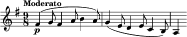  \relative c' { \set Staff.midiInstrument = #"cello" \clef treble \key e \minor \tempo "Moderato" \time 9/8 fis4(\p g8 fis4 a8 b4 a8) | g4( e8 d4 e8 c4 b8) | a4 } 