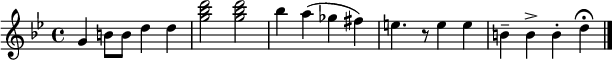 
  \transpose c g \relative c' {
  \key c \minor
  \time 4/4
    c4 e8 e g4 g          % (text after the % is just a comment)
    <c es g>2 <c es g>    % angle brackets create chords
    es4 d( ces b)         % parentheses create ties
    a4. r8 a4 a           % r creates rests
    e-- e-> e-. g\fermata % accents and other signs
    \bar "|."
  }
