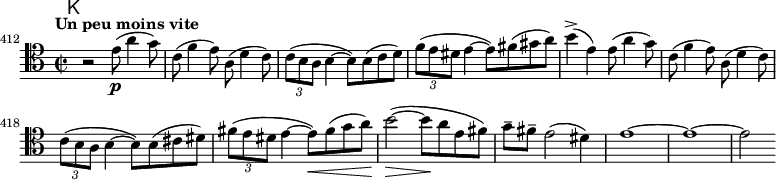 
\relative c' \new Staff {
  \key a \minor \clef tenor
  \set Staff.midiInstrument = "cello"
  \set Score.tempoHideNote = ##t \tempo "Un peu moins vite" 2 = 50
  \mark \markup \sans K % H = 372
  \time 2/2
  \set Score.currentBarNumber = #412 \bar ""
  r2 e8\p( a4 g8) | c,( f4 e8) a,( d4 c8) | \times 2/3 { c( b a } b4 ~ b8) b( c d) | \times 2/3 { f( e dis } e4 ~ e8) fis( gis a) | b4(-> e,)
  e8( a4 g8) | c,( f4 e8) a,( d4 c8) | \times 2/3 { c( b a } b4 ~ b8) b( cis dis) | \times 2/3 { fis( e dis } e4 ~ e8)\< fis( g a) |
  b2(\> ~ b8\! a e fis) | g-- fis-- e2( dis4) | e1 ~ | e ~ | e2
}
