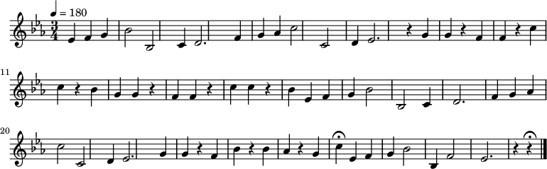 \relative c' {\tempo4 = 180 \time 3/4 \key ees \major ees f g bes2 bes,2 c4 d2. f4 g aes c2 c, d4 ees2. r4 g g r f f r c' c r bes g g r f f r c' c r bes ees, f g bes2 bes,2 c4 d2. f4 g aes c2 c, d4 ees2. g4 g  r f bes r bes aes r g c\fermata ees, f g bes2 bes,4 f'2 ees2. r4 r4\fermata \bar "|."}