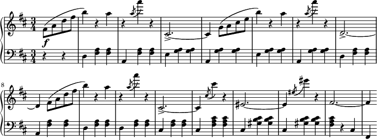 
 \relative c' {
  \new PianoStaff <<
   \new Staff { \key b \minor \time 3/4
    \set Score.tempoHideNote = ##t
     \tempo "" 2. = 64
      \partial 2
  fis8( a d fis b4) r a r \slashedGrace a8( a'4) r cis,,,2.->~ cis4 g'8( a cis e b'4) r a r \slashedGrace a8( a'4) r d,,,2.->~ d4 fis8( a d fis b4) r a r \slashedGrace a8( a'4) r cis,,,2.->~ cis4 \slashedGrace cis'8( cis'4) r eis,,2.~ eis4 \slashedGrace eis'8( eis'4) r fis,,2.~ fis4
   }
   \new Dynamics {
    s\f
      }
   \new Staff { \key b \minor \time 3/4 \clef bass \partial 2
      r4 r d, <fis a> <fis a> a, <fis' a> <fis a> e <g a> <g a> a, <g' a> <g a> e <g a> <g a> a, <g' a> <g a> d <fis a> <fis a> a, <fis' a> <fis a> d <fis a> <fis a> d <fis a> <fis a> cis <fis a> <fis a> cis <fis a cis> <fis a cis> cis <gis' b cis> <gis b cis> cis, <gis' b cis> <gis b cis> <fis a cis> r cis fis,
   }
  >>
 }
